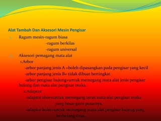 Alat Tambah Dan Aksesori Mesin Pengisar
1.   Ragum mesin-ragum biasa
                     -ragum berkilas
                     -ragum universal
2.   Aksesori pemagang mata alat
      1.Arbor
         -arbor panjang jenis A =boleh dipasangkan pada pengisar yang kecil
         -arbor panjang jenis B= tidak dibuat bertingkat
         -arbor pengisar hujung=untuk memegang mata alat jenis pengisar
     hujung dan mata alat pengisar muka.
        2.Adaptor
          -adaptor abor=untuk memegang terus mata alat pengisar muka
                          yang besar garis pusatnya.
          -adaptor kolet=untuk memegang mata alat pengisar hujung yang
                           berbatang tirus.
 