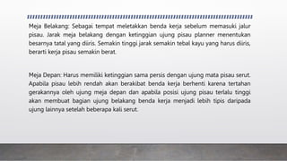 Meja Belakang: Sebagai tempat meletakkan benda kerja sebelum memasuki jalur
pisau. Jarak meja belakang dengan ketinggian ujung pisau planner menentukan
besarnya tatal yang diiris. Semakin tinggi jarak semakin tebal kayu yang harus diiris,
berarti kerja pisau semakin berat.
Meja Depan: Harus memiliki ketinggian sama persis dengan ujung mata pisau serut.
Apabila pisau lebih rendah akan berakibat benda kerja berhenti karena tertahan
gerakannya oleh ujung meja depan dan apabila posisi ujung pisau terlalu tinggi
akan membuat bagian ujung belakang benda kerja menjadi lebih tipis daripada
ujung lainnya setelah beberapa kali serut.
 