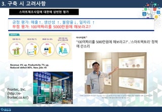 스마트제조사업에 대한에 상반된 평가
• 모든 계층에서 스마트공장을 보는 시각: 장님이 코끼리 더듬기긍정 평가: 매출↑, 생산성 ↑, 불량율↓, 일자리 ↑
부정 평가: 100억짜리를 5000만원에 해보라고?
3. 구축 시 고려사항
 