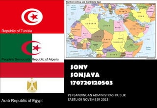 Republic of Tunisia

People's Democratic Republic of Algeria

SONY
SONJAYA
170720120503
Arab Republic of Egypt

PERBANDINGAN ADMINISTRASI PUBLIK
SABTU 09 NOVEMBER 2013

 