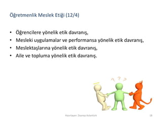 Öğretmenlik Meslek Etiği (12/4)
• Öğrencilere yönelik etik davranış,
• Mesleki uygulamalar ve performansa yönelik etik davranış,
• Meslektaşlarına yönelik etik davranış,
• Aile ve topluma yönelik etik davranış.
Hazırlayan: Zeynep Aslantürk 18
 