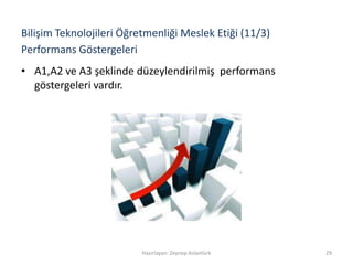 Performans Göstergeleri
• A1,A2 ve A3 şeklinde düzeylendirilmiş performans
göstergeleri vardır.
Hazırlayan: Zeynep Aslantürk 29
Bilişim Teknolojileri Öğretmenliği Meslek Etiği (11/3)
 