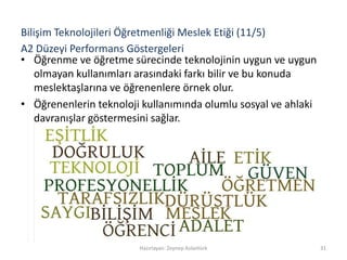 A2 Düzeyi Performans Göstergeleri
• Öğrenme ve öğretme sürecinde teknolojinin uygun ve uygun
olmayan kullanımları arasındaki farkı bilir ve bu konuda
meslektaşlarına ve öğrenenlere örnek olur.
• Öğrenenlerin teknoloji kullanımında olumlu sosyal ve ahlaki
davranışlar göstermesini sağlar.
Hazırlayan: Zeynep Aslantürk 31
Bilişim Teknolojileri Öğretmenliği Meslek Etiği (11/5)
 