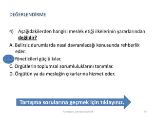 DEĞERLENDİRME
4) Aşağıdakilerden hangisi meslek etiği ilkelerinin yararlarından
değildir?
A. Belirsiz durumlarda nasıl davranılacağı konusunda rehberlik
eder.
B. Yöneticileri güçlü kılar.
C. Örgütlerin toplumsal sorumluluklarını tanımlar.
D. Örgütün ya da mesleğin çıkarlarına hizmet eder.
Hazırlayan: Zeynep Aslantürk 54
Tartışma sorularına geçmek için tıklayınız.
 