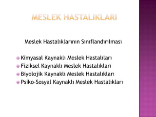         MESLEK HASTALIKLARI          Meslek Hastalıklarının SınıflandırılmasıKimyasal Kaynaklı Meslek HastalılarıFiziksel Kaynaklı Meslek HastalıklarıBiyolojik Kaynaklı Meslek HastalıklarıPsiko-Sosyal Kaynaklı Meslek Hastalıkları