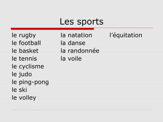 Les sports
le rugby la natation l’équitation
le football la danse
le basket la randonnée
le tennis la voile
le cyclisme
le judo
le ping-pong
le ski
le volley