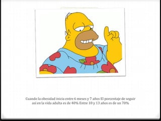 Cuando la obesidad inicia entre 6 meses y 7 años El porcentaje de seguir
así en la vida adulta es de 40% Entre 10 y 13 años es de un 70%
 