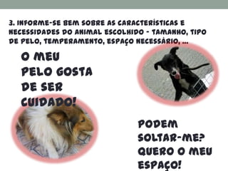 3. Informe-se bem sobre as características e
necessidades do animal escolhido – tamanho, tipo
de pelo, temperamento, espaço necessário, …

  O meu
  pelo gosta
  de ser
  cuidado!
                               Podem
                               soltar-me?
                               Quero o meu
                               espaço!
 