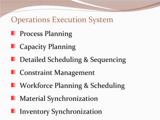 Operations Execution System Process Planning Capacity Planning  Detailed Scheduling & Sequencing Constraint Management Workforce Planning & Scheduling Material Synchronization Inventory Synchronization 