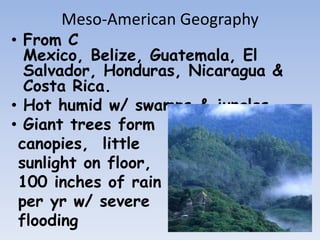 Meso-American Geography
• From C
  Mexico, Belize, Guatemala, El
  Salvador, Honduras, Nicaragua &
  Costa Rica.
• Hot humid w/ swamps & jungles.
• Giant trees form
 canopies, little
 sunlight on floor,
 100 inches of rain
 per yr w/ severe
 flooding
 