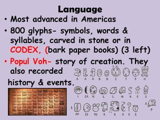 Language
• Most advanced in Americas
• 800 glyphs- symbols, words &
  syllables, carved in stone or in
  CODEX, (bark paper books) (3 left)
• Popul Voh- story of creation. They
  also recorded
 history & events.
 