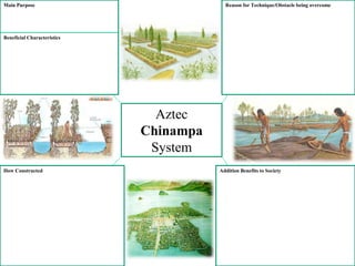 Main Purpose Reason for Technique/Obstacle being overcome 
Aztec 
Chinampa 
System 
Beneficial Characteristics 
How Constructed Addition Benefits to Society 
 