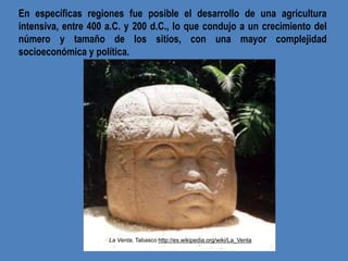 La Venta, Tabasco http://es.wikipedia.org/wiki/La_Venta
En específicas regiones fue posible el desarrollo de una agricultu...
