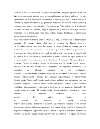 extensión al Sur. En la Geometría de planos de proyección, un eje se representa como una
línea recta interrumpida descrita sobre un plano delimitado por límites analíticos. Los ejes
representados en dos dimensiones corresponden a visuales que unen 2 puntos, que en la
realidad son objetos tridimensionales, por lo que en realidad los ejes son bidimensionales y
confinados por límites convencionales. Un concepto de Valor objetivo es la producción
sincrónica de espacios Culturales, exige la organización e inversión de trabajo colectivo
organizado, por lo que se genera valor en su contexto original de edificación generalmente
aborda terrenos patrimoniales.
Estas obras establecen linderos entre lo urbano y lo rural, la zonificación o diferenciación
horizontal del espacio cultural dado por la presencia de labores colectivas.
La valoración colectiva está dada directamente al mayor número de usuarios que son
beneficiados o a la calidad de mano de obra invertida para su final obtención; generando así
la constante de diferenciación social en el uso del espacio. Una secuencia estratificada
del espacio físico que diferencia puntualmente al espacio natural de aquel resultado de
procesos sociales de esta constante se ha identificado 7 categorías. El espacio Exterior
al natural Carente de actividad alguna de transformación El espacio Exterior abierto.
Asociado a los Procesos sociales que le transforman con propósitos productivos o de
extracción sin alteración sustancial de sus condiciones
originales. El espacio exterior delimitado Superficies de basamentos o plataformas y plazas
públicas perimetralmente contenidas por volúmenes arquitectónicos de infraestructura
Espacio Interior Transicional Espacio arquitectónicos cubiertos que intermedian entre sus
categorías contiguas. El espacio interior abierto participativo Pórticos y áreas cubiertas
vestibulares que concentran circulaciones y las dirigen a otras categorías funcionales del
espacio interior o exterior. El espacio interior abierto delimitado Antecámaras, patios
interiores o impluvios, destinados a usos
sociales de núcleos básicos o
de relación de parentesco. El espacio interior
cerrado aquel cubierto delimitado a funciones de habitación suntuaria y de relación
interpersonal o íntimas delimitación perimetral dele espacio público se dirige a la contención
de grandes contingentes de personas , no solo capturan el espacio si no también con todas las
personas que puedan acceder relación proporcional del volumen y el espacio el binomio
 