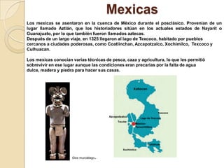 Mexicas
Los mexicas se asentaron en la cuenca de México durante el posclásico. Provenían de un
lugar llamado Aztlán, que los historiadores sitúan en los actuales estados de Nayarit o
Guanajuato, por lo que también fueron llamados aztecas.
Después de un largo viaje, en 1325 llegaron al lago de Texcoco, habitado por pueblos
cercanos a ciudades poderosas, como Coatlinchan, Azcapotzalco, Xochimilco, Texcoco y
Culhuacan.

Los mexicas conocían varias técnicas de pesca, caza y agricultura, lo que les permitió
sobrevivir en ese lugar aunque las condiciones eran precarias por la falta de agua
dulce, madera y piedra para hacer sus casas.



                                                           Xaltocan




                                                                              Texcoco
                                           Azcapotzalco
                                                                 Lago de Texcoco
                                                Tacuba
                                                             México-
                                                             Tenochtitlan




                                                                      Cuitláhuac

                                                    Xochimilco


                     Dios murciélago   .
 