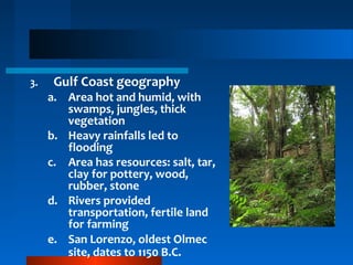 3. Gulf Coast geography
a. Area hot and humid, with
swamps, jungles, thick
vegetation
b. Heavy rainfalls led to
flooding
c. Area has resources: salt, tar,
clay for pottery, wood,
rubber, stone
d. Rivers provided
transportation, fertile land
for farming
e. San Lorenzo, oldest Olmec
site, dates to 1150 B.C.
 