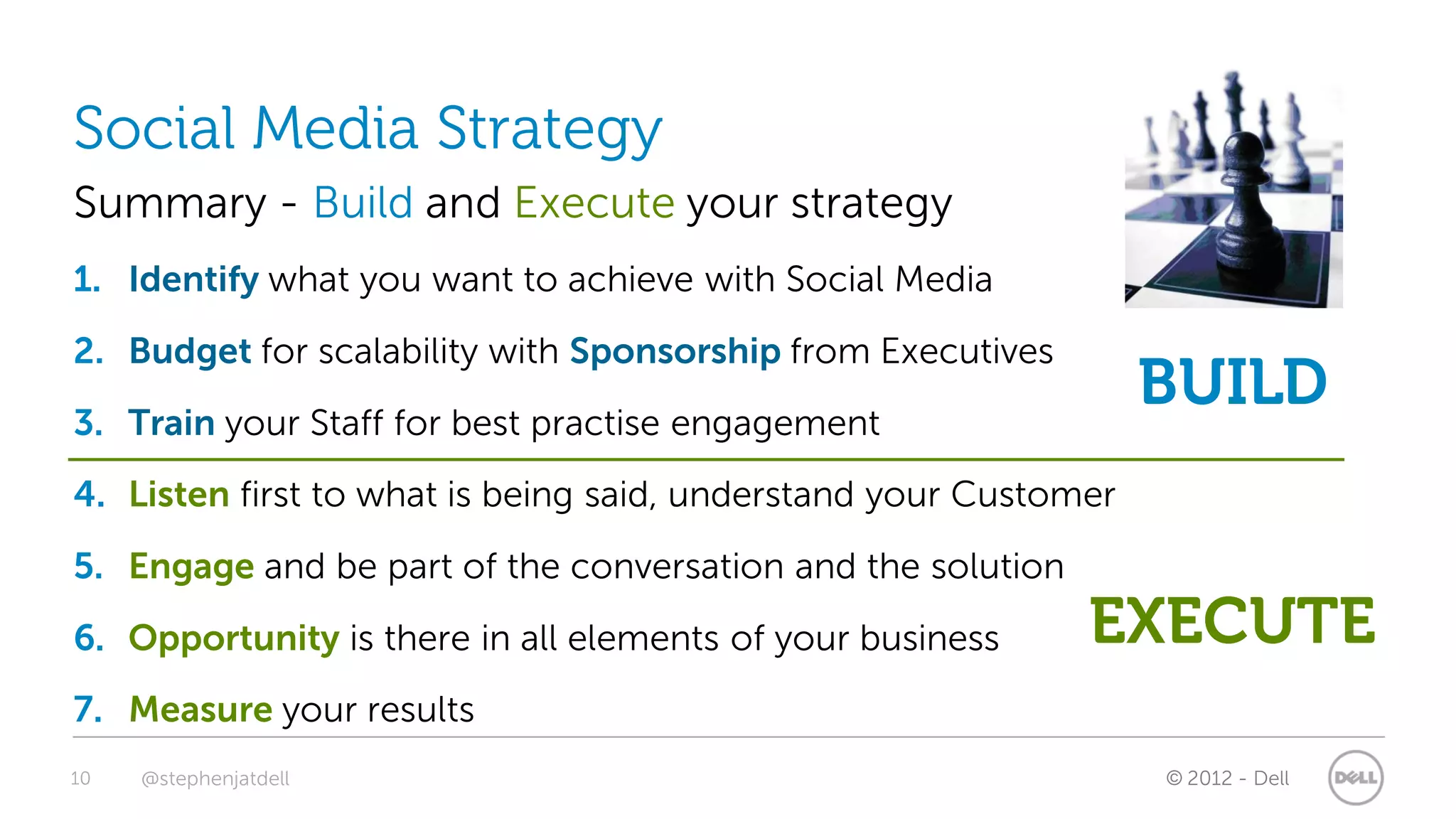 Social Media Strategy
Summary - Build and Execute your strategy
1. Identify what you want to achieve with Social Media
2. Budget for scalability with Sponsorship from Executives
3. Train your Staff for best practise engagement
                                                                  BUILD
4. Listen first to what is being said, understand your Customer
5. Engage and be part of the conversation and the solution
6. Opportunity is there in all elements of your business     EXECUTE
7. Measure your results
10   @stephenjatdell                                              © 2012 - Dell
 