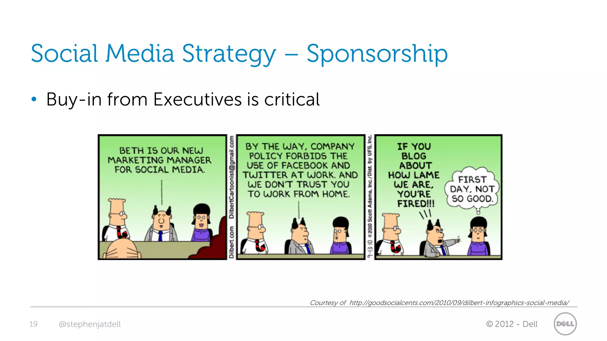Social Media Strategy – Sponsorship
• Buy-in from Executives is critical




                                  Courtesy of http://goodsocialcents.com/2010/09/dilbert-infographics-social-media/


19   @stephenjatdell                                                                     © 2012 - Dell
 
