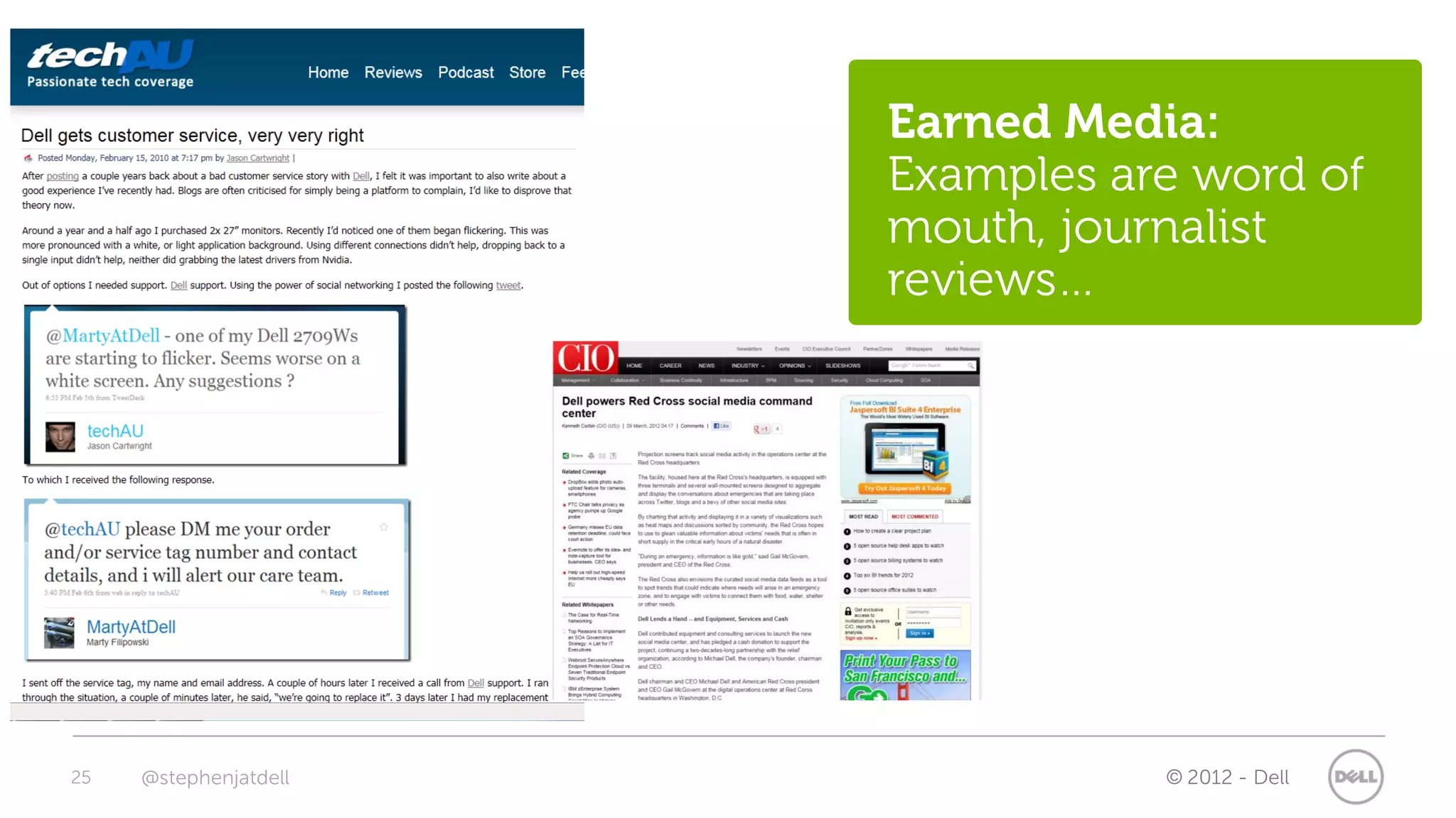 Earned Media:
                       Examples are word of
                       mouth, journalist
                       reviews…




25   @stephenjatdell              © 2012 - Dell
 
