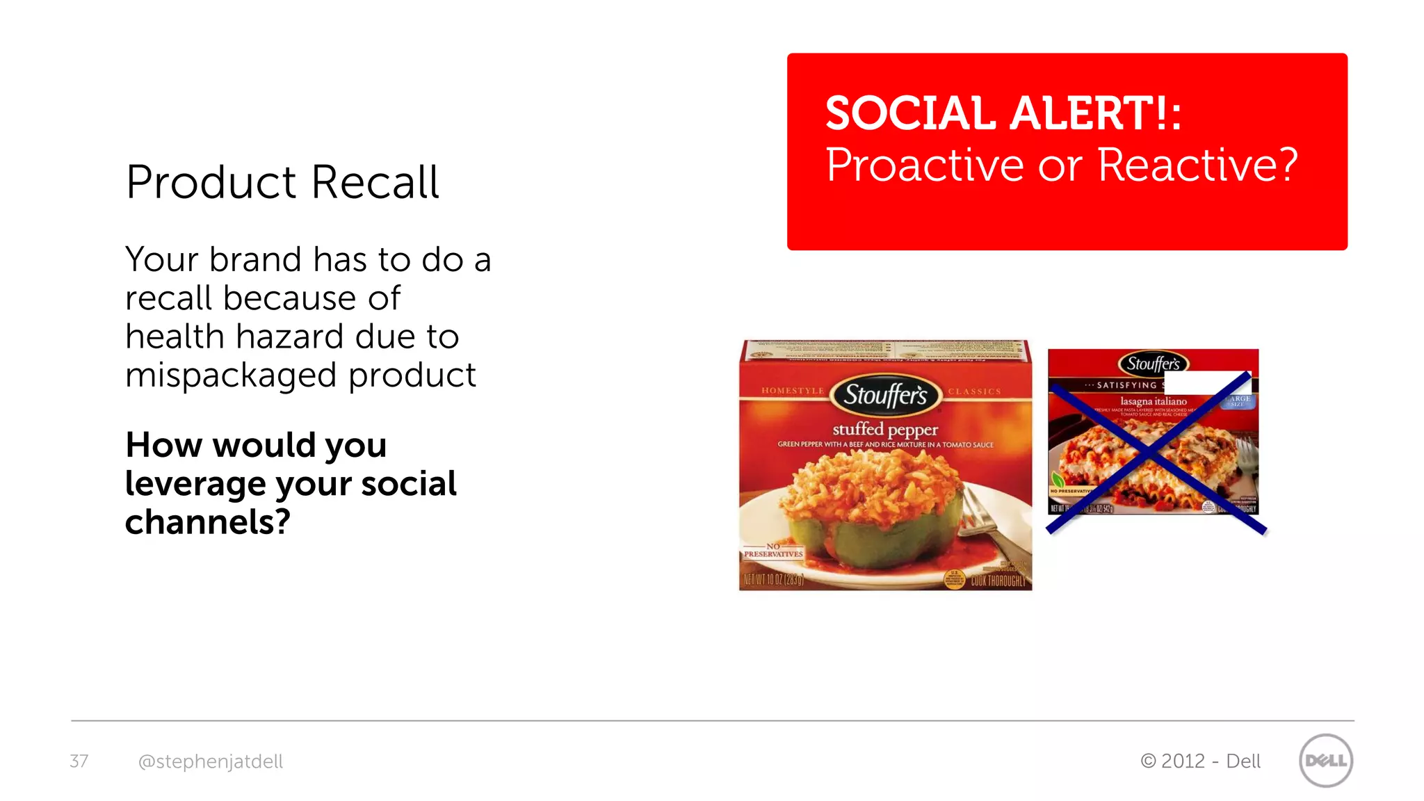 SOCIAL ALERT!:
     Product Recall           Proactive or Reactive?
     Your brand has to do a
     recall because of
     health hazard due to
     mispackaged product
     How would you
     leverage your social
     channels?




37   @stephenjatdell                        © 2012 - Dell
 
