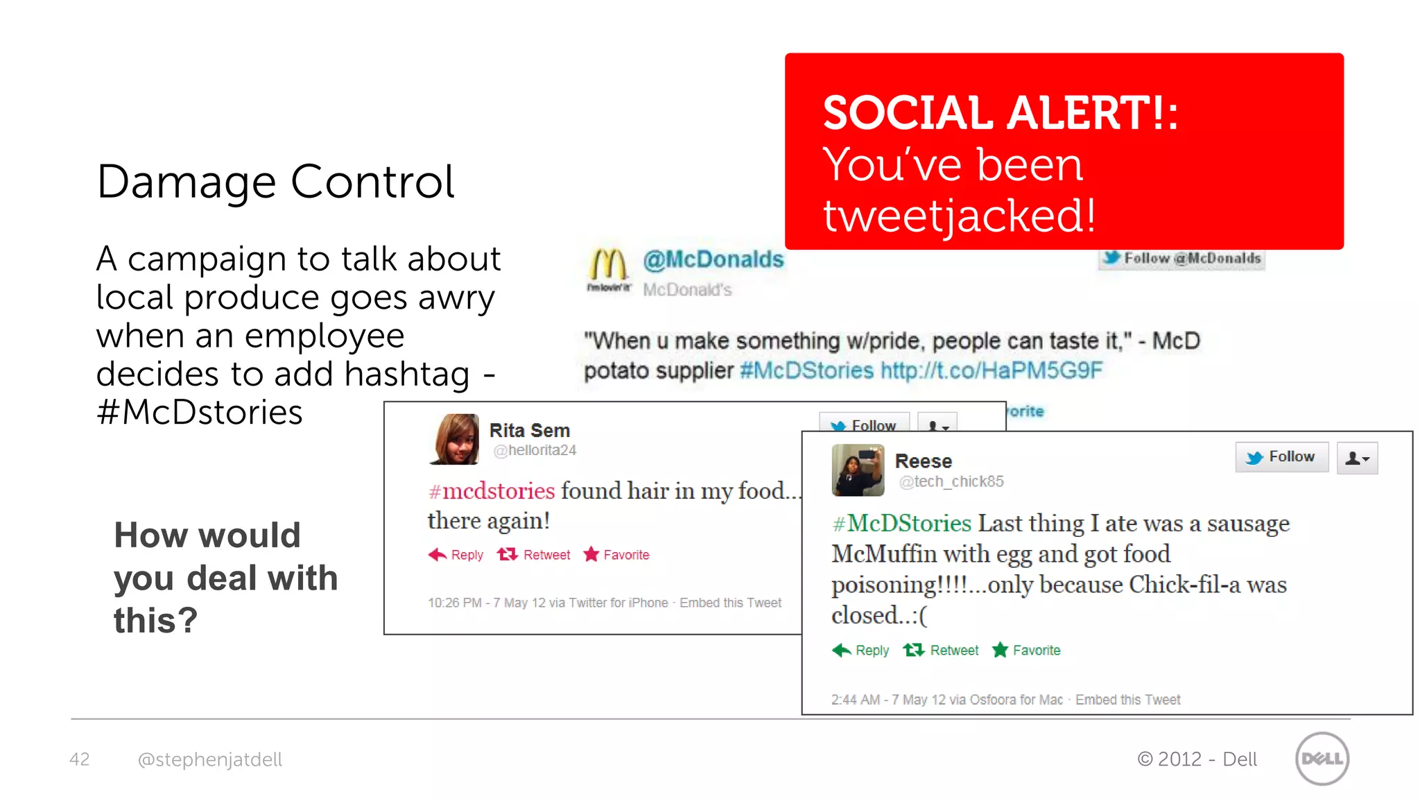 SOCIAL ALERT!:
     Damage Control             You’ve been
                                tweetjacked!
     A campaign to talk about
     local produce goes awry
     when an employee
     decides to add hashtag -
     #McDstories


      How would
      you deal with
      this?


42     @stephenjatdell                      © 2012 - Dell
 