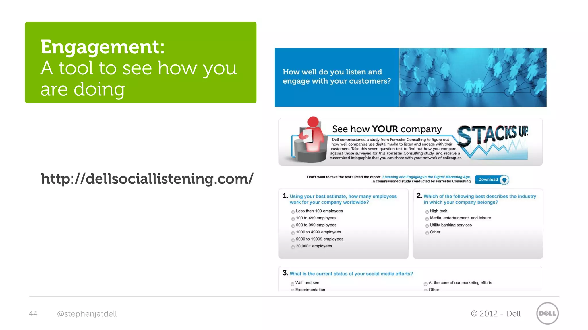 Engagement:
     A tool to see how you
     are doing



     http://dellsociallistening.com/




44     @stephenjatdell                 © 2012 - Dell
 