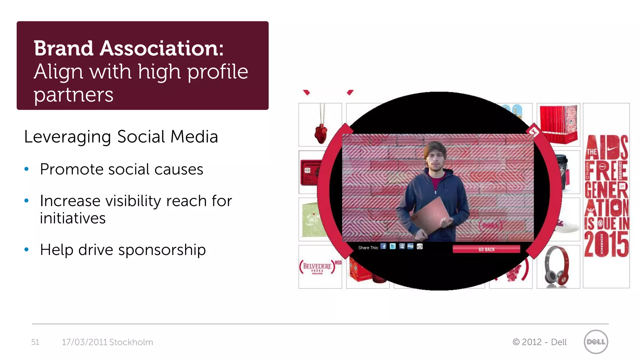 Brand Association:
 Align with high profile
 partners
Leveraging Social Media
• Promote social causes
• Increase visibility reach for
  initiatives
• Help drive sponsorship




 51   17/03/2011 Stockholm        © 2012 - Dell
 