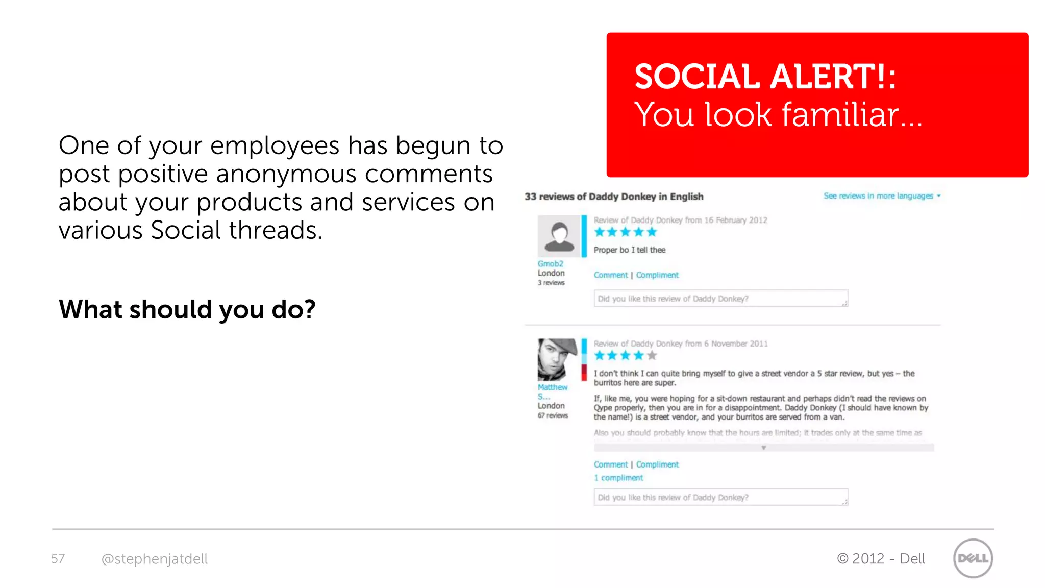 SOCIAL ALERT!:
                                       You look familiar…
 One of your employees has begun to
 post positive anonymous comments
 about your products and services on
 various Social threads.


 What should you do?




57   @stephenjatdell                               © 2012 - Dell
 