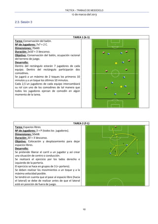 TÁCTICA – TRABAJO DE MESOCICLO
17 de marzo del 2013
10
2.3. Sesión 3
TAREA 1 (k-1)
Tarea: Conservación del balón.
Nº de Jugadores: 7x7 + 2 C.
Dimensiones: 70x60.
Duración: 2x10´+ 3´descanso.
Objetivo: Conservación del balón, ocupación racional
del terreno de juego.
Desarrollo:
Dentro del rectángulo estarán 7 jugadores de cada
equipo. Dentro del rectángulo participarán dos
comodines.
Se jugará a un máximo de 2 toques los primeros 10
minutos y a un toque los últimos 10 minutos.
Cada 2,5´un jugadores de cada equipo intercambiará
su rol con uno de los comodines de tal manera que
todos los jugadores ejerzan de comodín en algún
momento de la tarea.
TAREA 2 (f-1)
Tarea: Espacios libres
Nº de Jugadores: 3 + P (todos los jugadores).
Dimensiones: 50x68.
Duración: 20´+ 3´descanso.
Objetivo: Colocación y desplazamiento para dejar
espacios libres.
Desarrollo:
Se pretende liberar el carril a un jugador y así crear
una situación de centro o conducción.
Se realizará el ejercicio por los lados derecho e
izquierdo de la portería.
El ejercicio se hace en grupos de 3 (+ portero).
Se deben realizar los movimientos a un toque y a la
máxima velocidad posible.
Se tendrá en cuenta que el pase al espacio libre (hacia
el lateral) se debe de realizar antes de que el lateral
esté en posición de fuera de juego.
 