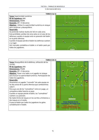 TÁCTICA – TRABAJO DE MESOCICLO
17 de marzo del 2013
15
TAREA 2 (e-1)
Tarea: Superioridad numérica.
Nº de Jugadores: 8x8.
Dimensiones: 50x68.
Duración: 20´+ 3´descanso.
Objetivo: Utilizar la superioridad numérica en ataque
para conservar y desequilibrar.
Desarrollo:
Se pretende realizar duelos de 3x3 en cada zona.
Está prohibido cambiar de zona salvo en el caso de los
defensas cuando el equipo está en posesión del balón
en la parte ofensiva.
Cuando el equipo pierde el balón los defensas vuelven
a su lugar.
Gol marcado contabiliza el doble si el balón pasó por
todos los jugadores.
TAREA 3 (h-1)
Tarea: Desequilibrio de la defensa, utilización de los
carriles.
Nº de Jugadores: 8x8.
Dimensiones: 75x68.
Duración: 20´+ 3´descanso.
Objetivo: Pasar a los lados a un jugador en ataque
para buscar la superioridad numérica. Participación de
todos los jugadores.
Desarrollo:
Situaremos un jugador “comodín” de cada equipo en
las dos zonas de su parte ofensiva que cambiaremos
cada 5´.
Para que uno de los “comodines” entre en juego, un
compañero debe hacerle un pase.
Cuando un equipo pierde el balón, los “comodines”
vuelven a su posición.
No habrá límite de toques en los carriles y limitamos a
dos toques en el medio.
Si pasa el balón por todos los jugadores los goles
contabilizarán el doble.
 