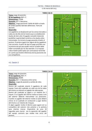 TÁCTICA – TRABAJO DE MESOCICLO
17 de marzo del 2013
17
TAREA 3 (b-2)
Tarea: Juego de posición.
Nº de Jugadores: 8x8 + C.
Dimensiones: 75x68.
Duración: 20´+ 3´descanso.
Objetivo: Juego posicional. Salida de balón a través
de ambos pasillos laterales defensivos. Toma de
decisión.
Desarrollo:
Los jugadores se desplazarán por las zonas marcadas a
cada uno de ellos de tal manera que se establecerán
duelos de 2x2 y 3x3. El jugador comodín tratará de
posibilitar superioridad numérica a los duelos antes
comentados. Se iniciará el juego pasando el balón al
portero. El portero jugará con alguno de los jugadores
más cercanos. A partir de aquí el juego será libre con
la premisa de que para poder marcar el balón debe
haber transitado por los dos laterales. Si un equipo
roba el balón podrá optar por contraatacar teniendo
en cuenta que tendrá referencias de las posiciones de
sus compañeros.
4.2. Sesión 2
TAREA 1 (m-2)
Tarea: Juego de posesión.
Nº de Jugadores: 8x8 + P.
Dimensiones: 40x40.
Duración: 4x5´+ 1´descanso entre series.
Objetivo: Juego de posesión y cambio de roles.
Desarrollo:
Dentro del cuadrado estarán 4 jugadores de cada
equipo. Fuera del cuadrado, en cada uno de los lados
del mismo se colocará un jugador de cada equipo.
Dentro del cuadrado se jugará a un máximo de 2
toques. Si un jugador del interior realiza un pase a uno
del exterior deberán intercambiar sus posiciones.
Cuando un jugador del exterior reciba un pase deberá
entrar en el cuadrado en conducción y jugar dentro
del mismo a un máximo de 2 toques.
Si algún jugador recibe el décimo pase jugará con su
compañero del exterior más próximo a la portería
para intentar marcar. Dispondrán de unos 10
segundos para marcar con la oposición del jugador
del equipo contrario que estaba más cerca del
portero.
 