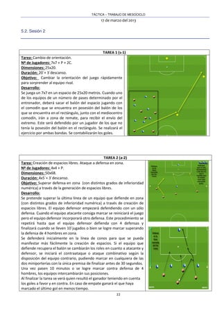 TÁCTICA – TRABAJO DE MESOCICLO
17 de marzo del 2013
22
5.2. Sesión 2
TAREA 1 (s-1)
Tarea: Cambio de orientación.
Nº de Jugadores: 7x7 + P + 2C.
Dimensiones: 25x20.
Duración: 20´+ 3´descanso.
Objetivo: Cambiar la orientación del juego rápidamente
para sorprender al equipo rival.
Desarrollo:
Se juega un 7x7 en un espacio de 25x20 metros. Cuando uno
de los equipos de un número de pases determinado por el
entrenador, deberá sacar el balón del espacio jugando con
el comodín que se encuentra en posesión del balón de los
que se encuentra en el rectángulo, junto con el mediocentro
comodín, irán a zona de remate, para recibir el envío del
extremo. Este será defendido por un jugador de los que no
tenía la posesión del balón en el rectángulo. Se realizará el
ejercicio por ambas bandas. Se contabilizarán los goles.
TAREA 2 (a-2)
Tarea: Creación de espacios libres. Ataque a defensa en zona.
Nº de Jugadores: 4x4 + P.
Dimensiones: 50x68.
Duración: 4x5´+ 3´descanso.
Objetivo: Superar defensa en zona (con distintos grados de inferioridad
numérica) a través de la generación de espacios libres.
Desarrollo:
Se pretende superar la última línea de un equipo que defiende en zona
(con distintos grados de inferioridad numérica) a través de creación de
espacios libres. El equipo defensor empezará defendiendo con un sólo
defensa. Cuando el equipo atacante consiga marcar se reiniciará el juego
pero el equipo defensor incorporará otro defensa. Este procedimiento se
repetirá hasta que el equipo defensor defienda con 4 defensas y
finalizará cuando se lleven 10´jugados o bien se logre marcar superando
la defensa de 4 hombres en zona.
Se defenderá inicialmente en la línea de conos para que se pueda
manifestar más fácilmente la creación de espacios. Si el equipo que
defiende recupera el balón se cambiarán los roles en cuanto a atacante y
defensor, se iniciará el contraataque o ataque combinativo según la
disposición del equipo contrario, pudiendo marcar en cualquiera de las
dos miniporterías con la única premisa de finalizar antes de 30 segundos.
Una vez pasen 10 minutos o se logre marcar contra defensa de 4
hombres, los equipos intercambiarán sus posiciones.
Al finalizar la tarea se verá quien resultó el ganador teniendo en cuenta
los goles a favor y en contra. En caso de empate ganará el que haya
marcado el último gol en menos tiempo.
 