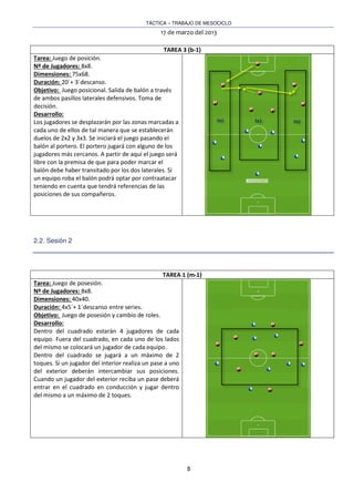 TÁCTICA – TRABAJO DE MESOCICLO
17 de marzo del 2013
8
TAREA 3 (b-1)
Tarea: Juego de posición.
Nº de Jugadores: 8x8.
Dimensiones: 75x68.
Duración: 20´+ 3´descanso.
Objetivo: Juego posicional. Salida de balón a través
de ambos pasillos laterales defensivos. Toma de
decisión.
Desarrollo:
Los jugadores se desplazarán por las zonas marcadas a
cada uno de ellos de tal manera que se establecerán
duelos de 2x2 y 3x3. Se iniciará el juego pasando el
balón al portero. El portero jugará con alguno de los
jugadores más cercanos. A partir de aquí el juego será
libre con la premisa de que para poder marcar el
balón debe haber transitado por los dos laterales. Si
un equipo roba el balón podrá optar por contraatacar
teniendo en cuenta que tendrá referencias de las
posiciones de sus compañeros.
2.2. Sesión 2
TAREA 1 (m-1)
Tarea: Juego de posesión.
Nº de Jugadores: 8x8.
Dimensiones: 40x40.
Duración: 4x5´+ 1´descanso entre series.
Objetivo: Juego de posesión y cambio de roles.
Desarrollo:
Dentro del cuadrado estarán 4 jugadores de cada
equipo. Fuera del cuadrado, en cada uno de los lados
del mismo se colocará un jugador de cada equipo.
Dentro del cuadrado se jugará a un máximo de 2
toques. Si un jugador del interior realiza un pase a uno
del exterior deberán intercambiar sus posiciones.
Cuando un jugador del exterior reciba un pase deberá
entrar en el cuadrado en conducción y jugar dentro
del mismo a un máximo de 2 toques.
 