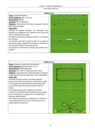 TÁCTICA – TRABAJO DE MESOCICLO
17 de marzo del 2013
9
TAREA 2 (l-1)
Tarea: Juego de posesión.
Nº de Jugadores: 5x5 + 2 P (+5).
Dimensiones: 40x45.
Duración: 20´+ 3´descanso.
Objetivo: Conservación del balón, ocupación racional
del terreno de juego.
Desarrollo:
Partidos en espacio reducido. Se enfrentarán dos
equipos de 5 jugadores más 2 porteros con la premisa
de un máximo de dos toques.
El equipo que descansa juega por fuera a un máximo
de 2 toques.
Los partidos serán de 5´o gol marcado. Si se supera el
tiempo de juego se decidirá el campeón a través de un
tiro a portería desde el punto de penalti.
El campeón se enfrentará al equipo que estaba en el
exterior.
TAREA 3 (n-1)
Tarea: Posesión, conducción y finalización.
Nº de Jugadores: 5x5 (posesión) + 4 + P.
Dimensiones: 25x50 (posesión).
Duración: 2x5´+ 2x5´+ 1´descanso entre series.
Objetivo: Juego posicional. Salida de balón a través de
ambos pasillos laterales defensivos. Toma de decisión.
Desarrollo:
Se divide el grupo en dos, uno realiza juego de
posesión y el otro de conducción y finalización. Cada
5´ los equipos permutarán de tal manera que cada
uno de ellos pase dos veces por cada una de las
tareas.
En el juego de posesión se jugará a dos toques
máximo y se contabilizarán los goles que se marquen
en las miniporterías. Los goles en las miniporterías
laterales valdrán doble.
En la tarea de conducción y finalización se incidirá en
usar ambas piernas y en tirar a distintas alturas y a
ambos lados de la portería.
 