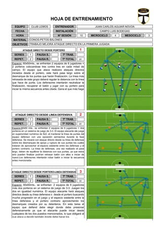 30´
3
PAUSA R. Tº TOTAL
PAUSA S.
Espacio: 60x50mts., se enfrentan 2 equipos de 6 jugadores
más dos porteros en un sistema de juego de 3-3. Juegan los
dos en igualdad numérica. El equipo atacante hará ataques
directos desde su línea defensiva o desde el portero buscando
mucha progresión en el juego y el especio existente entre la
línea defensiva y el portero contrario aprovechando los
desmarques creados por su delanteros. En esta tarea el
equipo que defiend debe elegir donde debe presionar
defensivamente ya que el atacante puede inicar desde
cualquiera de los dos puestos mencionados, lo que obligará al
que ataca a decidir también donde debe hacer los
ENTRENADOR
INSTALACIÓN
JUAN CARLOS AGUIAR NOVOA
CAMPO LUIS BODEGAS
Nº SESIÓN
REPET. 2
Tº TRAB.
Espacio: 60x50mts., se enfrentan 2 equipos de 6 jugadores +
2 porteros colocandose tres contra tres en cada mitad de
campo. El equipo que ataca realizara ataques directos
iniciados desde el portero, este hará pase largo sobre el
desmarque de los puntas que harán finalización. La línea más
retrasada de este grupo deberá regular la distancia con la línea
que hace de punta. Los defensores intentarán neutralizar la
finalización, recuperar el balón y jugar con su portero para
iniciar la misma secuencia antes citada. Gana el que más haga
Espacio:60x50 mts., se enfrentan 2 equipos de 6 jugadores + dos
porteros en un sistema de juego de 3-3. El equipo atacante ele juega
en superioridad numérica de 6x3, al mantener la línea de puntas del
equipo defensor con una oposición semiactiva durante la fase
defensiva. Se iniciará con ataque directo desde su línea de defensas
sobre los desmarques de apoyo y ruptura de sus puntas los cuales
trataran de aprovechar el espacio existente entre los defensas y el
portero contrario. La línea de defensas, una vez realizado el pase
largo, deben de equilibrar la distancia con sus puntas, ya que estos
sino pueden finalizar podrían retrasar balón con ellos e iniciar de
nuevo.Los defensores intentarán robar balón e iniciar la secuencia
antes mencionada.
ATAQUE DIRECTO DESDE PORTERO-LINEA DEFENSIVA
PAUSA R.
Tº TRAB.
Tº TOTAL
SERIES 1
SERIES 1
REPET. 2
PAUSA S.
PAUSA R.
EQUIPO CLUB LEMOS
FECHA
1
2
HORA
1
SERIES Tº TRAB.PAUSA S.
ATAQUE DIRECTO DESDE PORTERO
20´
20´
ATAQUE DIRECTO DESDE LINEA DEFENSIVA 2
REPET. Tº TOTAL
3
MATERIAL
OBJETIVOS
CONOS-PETOS BALONES
TRABAJO MEJORA ATAQUE DIRECTO EN LA PRIMERA JUGADA
10 MESOCICLOMICROCICLO 4
HOJA DE ENTRENAMIENTO
 