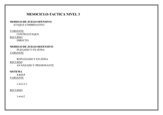 MESOCICLO-TACTICA NIVEL 3
MODELO DE JUEGO OFENSIVO
ATAQUE COMBINATIVO
VARIANTE
CONTRAATAQUE
RECURSO
DIRECTO
MODELO DE JUEG...