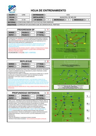 3
PAUSA R. Tº TOTAL
PAUSA S.
ENTRENADOR
INSTALACIÓN
XOS
MUNICIPAL DE MELIDE
Nº SESIÓN
REPET.
Tº TRAB.SERIES
REPET.
PROFUNDIDAD DEFENSVIA
PAUSA R.
Tº TRAB.
Tº TOTAL
SERIES PAUSA S.
EQUIPO CIRE
FECHA
HORA 21:00
PROGRESION OF 1
SERIES Tº TRAB.PAUSA S.
PAUSA R.
REPLIEGUE 2
REPET. Tº TOTAL
3
MATERIAL
OBJETIVOS
CONOS-BALONES-PETOS-POSTAS PARA MARCAR.
CORREGIR SITUACIONES QUE SE DIERON EN EL PARTIDO
7 MESOCICLOMICROCICLO 3
HOJA DE ENTRENAMIENTO
SE MANTIENE UNA POSESION DE 2X2 EN UN CAMPO DE 20X20 COMO SE OBSERVA
EN EL GRAFICO. EL EQUIPO DEF, TRATARÁ DE RECUPERAR LA POSESION Y MONTAR
UNA CONTRA RAPIDA PARA BUSCAR FINALIZACION EN UN TIEMPO NO SUP A 8 ¨ ,
PARA ELLO SE PUEDE APOYAR EN 3 COMODINES EXT
EL EQUIPO QUE PIERDE LA POSESION DEL BALON , DEBERA REPLEGAR LO MAS
RAPIDO POSIBLE PARA DEFENDER SU PORTERIA. TENDRÁ LA AYUDA DE UN
COMODIN DEFENSIVO.
LOS JUGADORES QUE RECUPERAN EL BALÓN Y LANZAN LA TRANSICION DEF-ATAQUE,
DEBEN DE MANIFESTAR PROGRESION OF Y LLEGAR A AREA CONTRARIA PARA
TRATAR DE FINALIZAR JUGADA.
SITUACION DE 5 ATQ VS 3 DEF + PORTERO
TAREA GRUPAL. JUGAMOS UN 4 PARA 4 CON 2 COMODINES OFENSIVOS. OBLIGAMOS
A JUGAR EN COMBINATIVO CON LA FINALIDAD DE LLEGAR A TRASPASAR LA ZONA
MARCADA MEDIANTE CONDUCCION
EL OBJETIVO DE ESTA TAREA, ES TRABAJAR EL REPLIEGUE DE FORMA QUE EL EQUIPO
QUE REALIZA LA TRANSICION ATAQ-DEF, TRATE DE CONTENER AL EQUIPO
CONTRARIO Y EVITE QUE LLEGUE A LA ZONA MARCADA.
OBSERVAR:
EQUIPO QUE REALIZA TRANSICION ATQ-DEF ( JUG CERCANOS A ZONA ACTIVA,
REALICEN CONTENCION MEDIANTE TEMP DEF PARA DAR TIEMPOA COMPAÑEROS
MAS ALEJADOS LLEGUEN A POSICIONES DEF ADECUADAS. LUEGO, JUG QUE REALIZAN
CONTENCION, SI SON SUPERADOS DEBEN DEBEN REPLEGAR PARA DOTAR AL EQU DE
UN MAYOR EQUILIBRIO DEF)
EQUIPO QUE REALIZA TRANSICION DEF-ATAQ ( MANIFESTAR PPOS TRABAJADOS EN EL
MESOCICLO)
TAREA 11 X11 . PARTIMOS DE UNA SITUACION OCURRIDA EN EL PARTIDO. ANTE LA
PRESION RIVAL A NUESTRA SALIDA DE BALON, NOS VEIAMOS EN LA OBLIGACION DE
INICIAR EN LARGO. ESTO PRODUCÍIA MUCHAS SITUACIONES DE 2º JUGADA.
EL EQUIPO AZUL PARTE DE UN POSICIONAMIENTO PLEGADO . SE INICIA LA TAREA
CON UN SAQUE DEL PORTERO SOBRE LA LINEA DE DELANTEROS (ZONA 4)
EN EL MOMENTO QUE EL BALON PASE ZONA 3 O 4, EL EQUIPO AZUL, DEBERÁ
MANIFESTAR PROFUNDIDAD DEFENSIVA A LO LARGO Y ANCHO SOBRE ZONA DE
BALÓN E IR REDUCIENDO ASI EL MAYOR ESPACIO POSIBLE PARA INTENTAR
RECUPERAR BALON Y TRATAR DE SORPRENDER AL EQUIPO CONTRARIO MEDIANTE
TRANSICIONES RAPIDAS ( TENER EN CUENTA, LOS PPOS TRABAJADOS EN ESTE
MESOCICLO).
OBSERVAR:TAR
• POSIC DE COMPAÑEROS Y CONTRARIOS ( RIESGO A ASUMIR)
•TRATAR DE TAPAR ZONAS PELIGROSAS . OJO AL ESPACIO QUE DEJAMOS A ESPALDAS
 