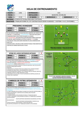 HOJA DE ENTRENAMIENTO
3
MATERIAL
OBJETIVOS
CONOS-PETOS-BALONES-MINI PORTERIAS
TRABAJAR SOBRE M.J OF CONTRAATAQUE DESDE AVANZADO Y SISTEMA 1-4-4-2 ( EN ROMBO)
8 MESOCICLOMICROCICLO 3
RITMO DE JUEGO DEFENSIVO INTENSO 2
REPET. Tº TOTAL
1
SERIES Tº TRAB.PAUSA S.
PAUSA R.
EQUIPO CIRE
FECHA
HORA 21:00
PRESSING AVANZADO
Tº TRAB.
Tº TOTAL
SERIES PAUSA S.
SERIES
REPET.
CAMBIOS DE RITMO OFENSIVOS
PAUSA R.
ENTRENADOR
INSTALACIÓN
XOS
MUNICIPAL DE MELIDE
Nº SESIÓN
REPET.
Tº TRAB.
3
PAUSA R. Tº TOTAL
PAUSA S.
EN UN ESPACIO COMO SE MUESTRA EN EL GRAFICO, SE JUEGO UN 4
CONTRA3 + 2 PORTEROS. EL EQUIPOAZUL TRATA DE REALIZAR4
COMBINACIONESPARA PODER ACABAR LA JUGADA.
EL EQUIPOROJO, BUSCARA REALIZARPRESSINGSOBRE POSEEDOR
DE BALÓN MANTENIENDOLA ESTRUCTURADE 2-1. SI ROBA,
TRATARADE FINALIZARCOMO MÁXIMO EN UNA COMBINACION
OBJETIVO:
HACERSECON EL BALON LO MAS RAPIDO POSIBLE PARA MONTAR LA
CONTRADE FORMA INDIVIDUALO DUAL
EN MEDIO CAMPO ENFRENTAMOS UN 8 CONTRA 6 ( 4-2 EN ROMBO). EL EQUIPO
ROJO, TRATA MEDIANTE COMBINACIONES PROGRESAR Y PENETRAR POR LAS
PORTERIAS MARCADAS. ( RITMO DE JUEGO MODERADO)
EL EQUIPO AZUL, DEBERA MANIFESTAR UN RITMO DE JUEGO DEFENSIVO INTENSO Y
TRATARA DE RECUPERAR EL BALON A LA MAYOR PRONTIDUD. UNA VEZ RECUPERE
BUSCARA TRANSICIONES RAPIDAS.
OBSERVAR:
•COMO REALIZA LA PRESION, PROF DEF EN ZONA ACTIVA, DESPRECIAR ZONA Y
JUGADORES DE ZONA PASIVA. ESCALONAMIENTO DE JUGAD. ETC
•SI LA RECUPERACION SE PRODUCE EN LA PRIMERA LINEA DE PRESION, TRATAR DE
TERMINAR JUGADA DE FORMA INDIVIDUAL O DUAL.
•SI RECUPERA LA 2ª O 3ª LINEA Y NO HAY CAPACIDAD DE SORPRESA, BUSCAR UN
ATAQUE MAS ELABORADO.
TAREA COLECTIVA DONDE ENFRENTAMOS UN 11 X 11. EL EQUIPO AZUL CON UN
SISTEMA1-4-4-2 ( EN ROMBO) , POSICIONAMIENTOAVANZADO Y ACTITUD A BALON
PRESIONANTE
LA TAREA COMIENZA CON UN SAQUE EN LARGO DE DE NUESTRO PORTERO SOBRE LA
LÍNEA DE DELANTEROS. A PARTIR DE AHÍ SE GENERA UNA SITUACION.
PERDEMOS BALON:
• SI SOMOS CAPACES DE RECUPERARLO EN ZONA A, TRANSICION RAPIDA
•SI POR EL CONTRARIO, LO RECUPEAMOS EN ZONA B, LA TRANSICION LA HAREMOS
SEGUN SITUACION
• EQUIPO CONTRARIO ORGANIZADO BUSCAREMOS UN RITMO
MAS MODERADO
• EQUIPO CONTRARIO DESORGANIZADO Y ESPACIO A SUS
ESPALDA, RITMO DE JUEGO INTENSO ( FUTBOL MAS DIRECTO)
APLICAR PPOS OFENSIVOS Y DEF TRABAJADOS DURANTE ESTAS SEMANAS.
 