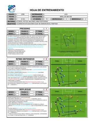 HOJA DE ENTRENAMIENTO
3
MATERIAL
OBJETIVOS
CONOS, PETOS, BALONES, MINI PORTERIAS
CORREGIR SITUACIONES QUE SE DIERON EN EL PARTIDO
10 MESOCICLOMICROCICLO 4
RITMO DEFENSIVO 2
REPET. Tº TOTAL
1
SERIES Tº TRAB.PAUSA S.
PAUSA R.
EQUIPO CIRE
FECHA
HORA 21:00
PRESSING
Tº TRAB.
Tº TOTAL
SERIES PAUSA S.
SERIES
REPET.
REPLIEGUE
PAUSA R.
ENTRENADOR
INSTALACIÓN
XOS
MPAL DE MELIDE
Nº SESIÓN
REPET.
Tº TRAB.
3
PAUSA R. Tº TOTAL
PAUSA S.
SE CONFIG 3 EQUIPOS DE 3 JUGADORES CADA UNO. UNO DE LOS EQUIPOS ASUME EL
ROL DE DEFENSOR, MIENTRAS QUE LOS OTROS 2 HARÁN DE ATAQ. UNO DE LOS
EQUIPOS OF TRATARA DE MANTENER LA POSESION DEL BALON DENTRO DE SU
CUADRANTE HASTA QUE LOGRE REALIZAR UN MINIMO DE 3 COMBINACIONES,
MOMENTO A PARTIR DEL CUAL ESTA EN CONDICIONES DE ENVIAR EL BALON AL OTRO
EQUIPO OFENSIVO QUE TENDRA EL MISMO COMETIDO
EN EL ESPACIO DE JUEGO, DELIMITAREMOSUNA ZONA DONDE SE DEBERA COLOCAR
UN DEFENSOR QUE TRATARA DE ELIMINAR LINEAS DE PASE Y ASI LOS OTROS 2
REALIZAR LA PRESION TRANTANDO DE ORIENTARLA A LA ZONA QUE MAS LES
CONVENGA
OBSERVAR EN LA PRESION GRUPAL:
• EMPEZAR LA PRESION SOBRE BALON
•MARCAR RIVALES MAS PROXIMOS
•TAPAR POSIBLES LINEAS DE PASE
EN UN ESPACIO COMO SE MUESTRA EN EL GRAFICO, ENFRENTAMOS A DOS GRUPOS
DE 5X 5 MAS 2 COMODINES OFENSIVOS.
EL OBJETIVO DE LA TAREA ES CONSEGUIR GOL PERO, EL EQUIPO DEFENSIVO, DEBERÁ
MANTENER ESTAS PREMISAS:
EN LA ZONA A, DEBERÁ MANIFESTAR UN RITMO DEFENSIVO ALTO, BUSCANDO
RECUPERAR BALON Y FINALIZAR.
EN LA ZONA B, ADOPTARA UN RITMO MAS MODERADO MANIFESTANDO UNA
ACTITUD PASIVA HACIA BALON Y DEBERÁ CONTENER EL ATAQUE UN TIEMPO DE 7 ´´
PARA DAR TIEMPO A QUE 1 O 2 DE SUS COMPAÑEROS, PUEDA LLEGAR EN LA AYUDA.
EL EQUIPO ATACANTE, EL LA ZONA A, DEBERÁ REALIZAR 3 COMBINACIONES PARA
PODER PASAR A LA ZONA B
EL EJERCICIO EMPIEZA SIEMPRE CON POSESION DE ROJOS EN LA ZONA A. SI LA
RECUPERACION SE PRODUCE EN LA ZONA B. AZULES CONTRAATACAN EN STUACION
DE 3 + COMODIN X 3.
MISMOESCENARIO QUE EL EJERCICIOANTERIOR.
PERO AHORA, AÑADIMOS UN COMODIN OFENSIVO A MAYORES, QUE LE
PERMITIMOSMOVERSE POR TODO EL CAMPO. SOLO TIENE LA PREMISA DE ESTAR EN
LA ZONA DONDE SE ENCUENTRE EL BALON.
AHORA, AÑADIMOS LA PREMISA AL EQUIPO DEFENSOR.:
• TRAS PERDIDA DE BALON, 2 DE LOS JUGADORES QUE ESTABAN EN LA ZONA A,
DEBEN DE REPLEGAR SOBRE LOS DOS COMODINES, QUE SE ENCUENTRAN EN LA ZONA
B.
•EL OTRO, DEBE DE REPLEGAR AL LUGAR PROXIMO A BALON.
EL EJERCICIO EMPIEZA SIEMPRE CON POSESION DE ROJOS EN LA ZONA A. SI LA
RECUPERACION SE PRODUCE EN LA ZONA B. AZULES CONTRAATACAN EN STUACION
DE 3 + COMODIN X 3.
¡¡ TENER EN CUENTA EN QUE ZONA SE PRODUCE LA RECUPERACION¡¡. DEPENDIENDO
DE LA ZONA, EL CONTRAATAQUE SERA + 0 - ELABORADO
 