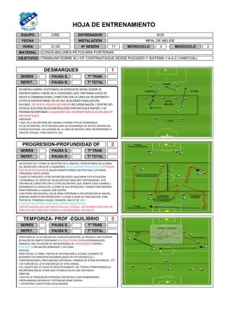 HOJA DE ENTRENAMIENTO
3
MATERIAL
OBJETIVOS
CONOS-BALONES-PETOS-MINI PORTERIAS
TRABAJAR SOBRE M.J OF CONTRAATAQUE DESDE PLEGADO Y SISTEMA 1-4-4-2 ( HABITUAL)
11 MESOCICLOMICROCICLO 4
PROGRESION-PROFUNDIDAD OF 2
REPET. Tº TOTAL
1
SERIES Tº TRAB.PAUSA S.
PAUSA R.
EQUIPO CIRE
FECHA
HORA 21:00
DESMARQUES
Tº TRAB.
Tº TOTAL
SERIES PAUSA S.
SERIES
REPET.
TEMPORIZA- PROF -EQUILIBRIO
PAUSA R.
ENTRENADOR
INSTALACIÓN
XOS
MPAL DE MELIDE
Nº SESIÓN
REPET.
Tº TRAB.
3
PAUSA R. Tº TOTAL
PAUSA S.
EN MEDIO CAMPO, ACOTAMOS UN ESPACIO DE 45X30, DONDE SE
EMFRENTARAN2 LINEAS DE 4 JUGADORES,QUE TRATARANLUEGO DE
HACER 4 COMBINACIONES,CONECTARCON LA LÍNEA DE DELANTEROS Y
ESTOS SE ENFRENTARAN EN UN 2X2, BUSCANDO FINALIZACION.
EN CASO , DE QUE EL EQUIPO DEFENSOR,RECUPERE BALÓN ( DENTRO DEL
ESPACIO ACOTADO)BUSCARÁ REALIZAR CONTAATAQUE RAPIDO Y SE
PODRÁNINCORPORAR2 JUGADORES DEL INTERIOR PARA BUSCAR UNA SIT
4X2 EN ATAQUE
OBSERVAR
• QUE LOS 2 DELANTEROS NO HAGAN EL MISMO TIPO DE DESMARQUE.
•SI UN DELANTERO, OPTA POR REALIZAR UN DESMARQUE DE APOYO, DENTRO DEL
ESPACIOACOTADO, UN JUGADOR DE LA LÍNEA DE MEDIOS, DEBE INCORPORARSE A
LINEA DE ATAQUE, PARA HACER EL 2X2
EN ESPACIO TAL Y COMO SE MUESTRA EN EL GRAFICO, ENFRENTAMOS EN LA ZONA
DEL MEDIO DOS LINEAS DE 4 JUGADORES. AZULES MANTIENEN LA POSESION Y ROJOS
TRATAN DE RECUPERAR EL BALON MANIFESTANDO LOS PPOS QUE LLEVAMOS
TRABJANDO HASTA AHORA.
CUADO SE PRODUZCA LA RECUPERACION ROJOS BUSCARAN ESTA SITUACION:
• DESMARQUE DE APOYO DE UN DELANTERO PARA DAR CONTINUAIDAD. ESTE
TRATARA DE CONECTAR CON EL OTRO DELANTERO, QUE DEBERA CAER A BANDA, (
DESMARQUE AL ESPACIO DE LA ZONA DE RECUPERACION) Y GANAR PROFUNDIDAD
PARA TERMINAR LA JUGADA CON CENTRO.
•LOS OTROS DOS MEDIOS, LOS DE ZONA CONTRARIA A RECUPERACION DE BALON,
DEBERAN MANIFESTAR PROGRESION Y LLEGAR A ZONA DE FINALIZACION, PARA
TRATAR DE TERMINAR JUGADA. DANDOSE UNA SIT DE 4 X 2
•SI AZULES RECUPERAN, BUSCARAN CONTRATAQUE RAPIDO.
•LOS DOS MEDIOS QUE NO PARTICIPAN EN EL ATAQUE, INTENTARAN CONTENER EN
ZONA CENTRAL PARA DAR TIEMPO A LA REORGANIZAC. DEFENSIVA.
PARTIENDO DE LA SITUACION DEL EJERCICIO ANTERIOR, SE PRODUCE UNA PERDIDA
DE BALON EN CAMPO CONTRARIO Y EL EQUIPO ROJO ESTA DESORGANIZADO,
DANDOSE UNA SITUACION DE INFERIORIDADE DE 4 DEFENSORES CONTRA 6
ATACANTES CON BALON DOMINADO Y EN CLARA
VENTAJA.
OBJETIVODE LA TAREA: TRATAR DE NEUTRALIZAR EL ATAQUE DURANTE 20¨
MEDIANTE LOS PRINCIPIOS DESARROLLADOS EN ESTE MESOCICLO. (
TEMPORIZACIONES,PROFUNDIDAD DEFENSIVA, CAMBIOS DE RITMO DEFENSIVO.. ETC
) EN FUNCION DE LA SITUACION QUE SE VAYA DANDO.
SI EL EQUIPO DEF ES CAPAZ DE RESISTIR DURANTE ESE TIEMPO, PERMITIREMOSLA
INCORPORACION DE OTROS DOS FUTBOLISTAS EN FASE DEFENSIVA
OBSEVAR:
• QUE NO SE PRODUZCAN ENTRADAS CON RIESGO A SER DESBORDADOS
•PROFUNDIDAD DEFENSIVA Y POTENCIAR ZONA CENTRAL
•. INTERVENIR JUNTOS PERO ESCALONADOS
 