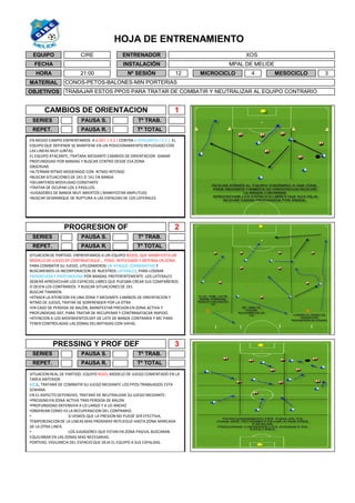 HOJA DE ENTRENAMIENTO
3
MATERIAL
OBJETIVOS
CONOS-PETOS-BALONES-MIN PORTERIAS
TRABAJAR ESTOS PPOS PARA TRATAR DE COMBATIR Y NEUTRALIZAR AL EQUIPO CONTRARIO
12 MESOCICLOMICROCICLO 4
PROGRESION OF 2
REPET. Tº TOTAL
1
SERIES Tº TRAB.PAUSA S.
PAUSA R.
EQUIPO CIRE
FECHA
HORA 21:00
CAMBIOS DE ORIENTACION
Tº TRAB.
Tº TOTAL
SERIES PAUSA S.
SERIES
REPET.
PRESSING Y PROF DEF
PAUSA R.
ENTRENADOR
INSTALACIÓN
XOS
MPAL DE MELIDE
Nº SESIÓN
REPET.
Tº TRAB.
3
PAUSA R. Tº TOTAL
PAUSA S.
EN MEDIO CAMPO ENFRENTAMOS A 6 DEF ( 4-2 ) CONTRA 6 ATACANTES ( 4-2 ). EL
EQUIPO QUE DEFIENDE SE MANTIENE EN UN POSICIONAMIENTO REPLEGADO CON
LAS LINEAS MUY JUNTAS
EL EQUIPO ATACANTE, TRATARA MEDIANTE CAMBIOS DE ORIENTACION GANAR
PROFUNDIDAD POR BANDAS Y BUSCAR CENTRO DESDE ESA ZONA
OBSERVAR:
•ALTERNAR RITMO MODERADO CON RITMO INTENSO
•BUSCAR SITUACIONES DE 2X1 O 1X1 EN BANDA
•DELANTEROS MOVILIDAD CONSTANTE
•TRATAR DE OCUPAR LOS 3 PASILLOS
•JUGADORES DE BANDA MUY ABIERTOS ( MANIFESTAR AMPLITUD)
•BUSCAR DESMARQUE DE RUPTURA A LAS ESPALDAS DE LOS LATERALES
SITUACION DE PARTIDO. ENFRENTAMOS A UN EQUIPO ROJOS, QUE MANIFIESTA UN
MODELO DE JUEGO OF CONTRAATAQUE , POSIC. REPLEGADO Y DEFENSA EN ZONA.
PARA COMBATIR SU JUEGO, UTILIZAMEROS UN ATAQUE COMBINATIVO Y
BUSCAREMOS LA INCORPORACION DE NUESTROS LATERALES, PARA LOGRAR
PROGRESION Y PROFUNDIDAD POR BANDAS PREFERENTEMENTE.LOS LATERALES
DEBERÁ APROVECHAR LOS ESPACIOS LIBRES QUE PUEDAN CREAR SUS COMPAÑEROS
O DEJEN LOS CONTRARIOS Y BUSCAR SITUACIONES DE 2X1
BUSCAR TAMBIEN:
•ATRAER LA ATENCION EN UNA ZONA Y MEDIANTE CAMBIOS DE ORIENTACION Y
RITMO DE JUEGO, TRATAR DE SORPRENDER POR LA OTRA
•EN CASO DE PERDIDA DE BALÓN, MANIFESTAR PRESION EN ZONA ACTIVA Y
PROFUNDIDAD DEF, PARA TRATAR DE RECUPERAR Y CONTRRAATACAR RAPIDO.
•ATENCION A LOS MOVIMIENTOSDEF DE LATE DE BANDA CONTRARIA Y MC PARA
TENER CONTROLADAS LAS ZONAS DELIMITADAS CON VAYAS.
SITUACION REAL DE PARTIDO. EQUIPO ROJO, MODELO DE JUEGO COMENTADO EN LA
TAREA ANTERIOR.
AZUL, TRATARÁ DE COMBATIR SU JUEGO MEDIANTE LOS PPOS TRABAJADOS ESTA
SEMANA.
EN EL ASPECTO DEFENSIVO, TRATARÁ DE NEUTRALIZAR SU JUEGO MEDIANTE:
•PRESSING EN ZONA ACTIVA TRAS PERDIDA DE BALON
•PROFUNDIDAD DEFENSIVA A LO LARGO Y A LO ANCHO
•OBSERVAR COMO ES LA RECUPERACION DEL CONTRARIO.
• SI VEMOS QUE LA PRESION NO PUEDE SER EFECTIVA,
TEMPORIZACIONDE LA LINEAS MAS PROXIMAY REPLIEGUE HASTA ZONA MARCADA
DE LA OTRA LINEA.
• LOS JUGADORES QUE ESTAN EN ZONA PASIVA, BUSCARAN
EQUILIBRAR EN LAS ZONAS MAS NECESARIAS.
PORTERO, VIGILANCIA DEL ESPACIO QUE DEJA EL EQUIPO A SUS ESPALDAS.
 