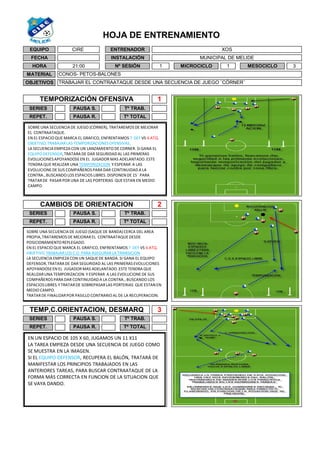 HOJA DE ENTRENAMIENTO
3
MATERIAL
OBJETIVOS
CONOS- PETOS-BALONES
TRABAJAR EL CONTRAATAQUE DESDE UNA SECUENCIA DE JUEGO ¨CÓRNER¨
1 MESOCICLOMICROCICLO 1
CAMBIOS DE ORIENTACION 2
REPET. Tº TOTAL
1
SERIES Tº TRAB.PAUSA S.
PAUSA R.
EQUIPO CIRE
FECHA
HORA 21:00
TEMPORIZACIÓN OFENSIVA
Tº TRAB.
Tº TOTAL
SERIES PAUSA S.
SERIES
REPET.
TEMP,C.ORIENTACION, DESMARQ
PAUSA R.
ENTRENADOR
INSTALACIÓN
XOS
MUNICIPAL DE MELIDE
Nº SESIÓN
REPET.
Tº TRAB.
3
PAUSA R. Tº TOTAL
PAUSA S.
SOBRE UNA SECUENCIA DE JUEGO (CÓRNER), TRATAREMOS DE MEJORAR
EL CONTRAATAQUE.
EN EL ESPACIO QUE MARCA EL GRAFICO, ENFRENTAMOS 7 DEF VS 6 ATQ.
OBJETIVO,TRABAJARLAS TEMPORIZACIONESOFENSIVAS,
LA SECUENCIA EMPIEZA CON UN LANZAMIENTO DE CORNER. SI GANA EL
EQUIPO DEFENSOR,TRATARA DE DAR SEGURIDADAL LAS PRIMERAS
EVOLUCIONESAPOYANDOSEEN EL JUGADOR MAS ADELANTADO.ESTE
TENDRA QUE REALIZAR UNA TEMPORIZACION Y ESPERAR A LAS
EVOLUCIONE DE SUS COMPAÑEROS PARA DAR CONTINUIDADA LA
CONTRA.,BUSCANDO LOS ESPACIOS LIBRES. DISPONENDE 15¨ PARA
TRATARDE PASAR POR UNA DE LAS PORTERIAS QUE ESTAN EN MEDIO
CAMPO.
SOBRE UNA SECUENCIA DE JUEGO (SAQUE DE BANDA)CERCA DEL AREA
PROPIA,TRATAREMOS DE MEJORAR EL CONTRAATAQUE DESDE
POSICIONAMIENTOREPLEGADO.
EN EL ESPACIO QUE MARCA EL GRAFICO, ENFRENTAMOS 7 DEF VS 6 ATQ.
OBJETIVO,TRABAJARLOS C.O PARA ASEGURAR LA TRANSICION
LA SECUENCIA EMPIEZA CON UN SAQUE DE BANDA. SI GANA EL EQUIPO
DEFENSOR,TRATARA DE DAR SEGURIDAD AL LAS PRIMERAS EVOLUCIONES
APOYANDOSEEN EL JUGADOR MAS ADELANTADO.ESTE TENDRA QUE
REALIZARUNA TEMPORIZACION Y ESPERAR A LAS EVOLUCIONE DE SUS
COMPAÑEROS PARA DAR CONTINUIDADA LA CONTRA., BUSCANDO LOS
ESPACIOSLIBRES.Y TRATARDE SOBREPASARLAS PORTERIAS QUE ESTANEN
MEDIO CAMPO.
TRATARDE FINALIZARPOR PASILLO CONTRARIO AL DE LA RECUPERACION.
EN UN ESPACIO DE 105 X 60, JUGAMOS UN 11 X11
LA TAREA EMPIEZA DESDE UNA SECUENCIA DE JUEGO COMO
SE MUESTRA EN LA IMAGEN.
SI EL EQUIPO DEFENSOR, RECUPERA EL BALÓN, TRATARÁ DE
MANIFESTAR LOS PRINCIPIOS TRABAJADOS EN LAS
ANTERIORES TAREAS, PARA BUSCAR CONTRAATAQUE DE LA
FORMA MÁS CORRECTA EN FUNCION DE LA SITUACION QUE
SE VAYA DANDO.
 