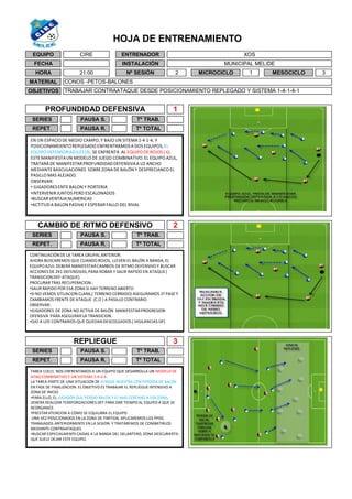 3
PAUSA R. Tº TOTAL
PAUSA S.
ENTRENADOR
INSTALACIÓN
XOS
MUNICIPAL MELIDE
Nº SESIÓN
REPET.
Tº TRAB.SERIES
REPET.
REPLIEGUE
PAUSA R.
Tº TRAB.
Tº TOTAL
SERIES PAUSA S.
EQUIPO CIRE
FECHA
HORA 21:00
PROFUNDIDAD DEFENSIVA 1
SERIES Tº TRAB.PAUSA S.
PAUSA R.
CAMBIO DE RITMO DEFENSIVO 2
REPET. Tº TOTAL
3
MATERIAL
OBJETIVOS
CONOS -PETOS-BALONES
TRABAJAR CONTRAATAQUE DESDE POSICIONAMIENTO REPLEGADO Y SISTEMA 1-4-1-4-1
2 MESOCICLOMICROCICLO 1
HOJA DE ENTRENAMIENTO
EN UN ESPACIO DE MEDIO CAMPO, Y BAJO UN SITEMA 1-4-1-4, Y
POSICIONAMEIENTOREPLEGADO ENFRENTRAMOSA DOS EQUIPOS,EL
EQUIPO DEFENSORAZULES (9), SE ENFRENTA AL EQUIPO DE ROJOS ( 6).
ESTE MANIFIESTAUN MODELO DE JUEGO COMBINATIVO. EL EQUIPO AZUL,
TRATARÁ DE MANIFESTARPROFUNDIDADDEFENSIVAA LO ANCHO
MEDIANTE BASCULACIONES SOBRE ZONA DE BALÓN Y DESPRECIANCO EL
PASILLO MAS ALEJADO.
OBSERVAR:
• JUGADORES ENTE BALON Y PORTERIA
•INTERVENIRJUNTOS PERO ESCALONADOS
•BUSCARVENTAJA NUMERICAS
•ACTITUDA BALON PASIVA Y ESPERAR FALLO DEL RIVAL
CONTINUACIÓNDE LA TAREA GRUPAL ANTERIOR.
AHORA BUSCAREMOS QUE CUANDO ROJOS, LLEVEN EL BALÓN A BANDA, EL
EQUIPOAZUL DEBERÁ MANIFESTARCAMBIOS DE RITMO DEFENSIVO Y BUSCAR
ACCIONES DE 2X1 DEFENSIVAS,PARA ROBAR Y SALIR RAPIDO EN ATAQUE(
TRANSICIONDEF-ATAQUE).
PROCURAR TRAS RECUPERACION.:
•SALIR RAPIDO POR ESA ZONA SI HAY TERRENO ABIERTO
•SI NO VEMOS SITUACION CLARA,( TERRENO CERRADO) ASEGURAMOS 1º PASE Y
CAMBIAMOS FRENTE DE ATAQUE (C.O ) A PASILLO CONTRARIO.
OBSERVAR:
•JUGADORES DE ZONA NO ACTIVA DE BALÓN MANIFESTARPROGRESION
OFENSIVA PARA ASEGURAR LA TRANSICION.
•OJO A LOS CONTRARIOS QUE QUEDANDESCOLGADOS ( VIGILANCIAS OF)
TAREA 11X11. NOS ENFRENTAMOS A UN EQUIPO QUE DESARROLLA UN MODELO DE
ATAQ COMBINATIVO Y UN SISTEMA 1-4-3-3.
LA TAREA PARTE DE UNA SITUACION DE ATAQUE NUESTRA CON PERDIDA DE BALON
EN FASE DE FINALIZACION. EL OBJETIVO ES TRABAJAR EL REPLIEGUE INTENSIVO A
ZONA DE INICIO.
•PARA ELLO, EL JUGADOR QUE PERDIO BALON Y EL MAS CERCANO A ESA ZONA,
DEBERA REALIZAR TEMPORIZACIONES DEF PARA DAR TIEMPOAL EQUIPO A QUE SE
REORGANICE.
•PRESTAR ATENCION A CÓMO SE EQUILIBRA EL EQUIPO
UNA VEZ POSICIONADOS EN LA ZONA DE PARTIDA, APLICAREMOS LOS PPOS
TRABAJADOS ANTERIORMENTE EN LA SESION. Y TRATAREMOS DE COMBATIRLOS
MEDIANTE CONTRAATAQUES
•BUSCAR ESPECIALMENTECAIDAS A LA BANDA DEL DELANTERO, ZONA DESCUBIERTA
QUE SUELE DEJAR ESTE EQUIPO.
 