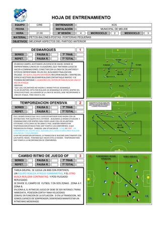 3
PAUSA R. Tº TOTAL
PAUSA S.
ENTRENADOR
INSTALACIÓN
XOS
MUNICIPAL DE MELIDE
Nº SESIÓN
REPET.
Tº TRAB.SERIES
REPET.
CAMBIO RITMO DE JUEGO OF
PAUSA R.
Tº TRAB.
Tº TOTAL
SERIES PAUSA S.
EQUIPO CIRE
FECHA
HORA 21:00
DESMARQUES 1
SERIES Tº TRAB.PAUSA S.
PAUSA R.
TEMPORIZACION OFENSIVA 2
REPET. Tº TOTAL
3
MATERIAL
OBJETIVOS
PETOS-BALONES-POSTAS- PORTERIAS PEQUEÑAS
MEJORAR ASPECTOS DEL PARTIDO ANTERIOR
4 MESOCICLOMICROCICLO 2
HOJA DE ENTRENAMIENTO
EN MEDIO CAMPO, ACOTAMOS UN ESPACIO DE 45X30, DONDE SE
EMFRENTARAN2 LINEAS DE 4 JUGADORES,QUE TRATARANLUEGO DE
HACER 4 COMBINACIONES,CONECTARCON LA LÍNEA DE DELANTEROS Y
ESTOS SE ENFRENTARAN EN UN 2X2, BUSCANDO FINALIZACION.
EN CASO , DE QUE EL EQUIPO DEFENSOR,RECUPERE BALÓN ( DENTRO DEL
ESPACIO ACOTADO)BUSCARÁ REALIZAR CONTAATAQUE RAPIDO Y SE
PODRÁNINCORPORAR2 JUGADORES DEL INTERIOR PARA BUSCAR UNA SIT
4X2 EN ATAQUE
OBSERVAR
• QUE LOS 2 DELANTEROS NO HAGAN EL MISMO TIPO DE DESMARQUE.
•SI UN DELANTERO, OPTA POR REALIZAR UN DESMARQUE DE APOYO, DENTRO DEL
ESPACIOACOTADO, UN JUGADOR DE LA LÍNEA DE MEDIOS, DEBE INCORPORARSE A
LINEA DE ATAQUE, PARA HACER EL 2X2
EN EL MISMO ESPACIO QUE EN EL EJERCICIO ANTERIOR PERO AHORA CON UN
DEFENSA MAS POR EQUIPO EN EL EXTERIOR , BUSCAMOS LA MISMA SITUACION. 4
COMBINACIONES POR DENTRO PARA PODER JUGAR CON LOS DELANTEROS
EXTERIORES.ESTES UNHA VEZ RECIBAN EL PASE, DEBERÁN MANIFESTAR
TEMPORIZACIONOFENSIVA PARA DAR TIEMPO A LOS COMPAÑEROS A QUE
PROGRESEN EN ATAQUE . DANDOSE UNA SITUACION DE 5 ATAQ VS 3 DEF . UN
COMPONENTEDEL EQUIPO AZUL, QUEDARA EN EL ESPACIO SIMULANDO REALIZAR
VIGILANCIAS Y EQUILIBRANDO.
SI HAY RECUPERACION DEFENSIVA, LA TRANSICION SE BUSCARÁ DIRECTAMENTE CON
LOS PUNTAS ROJOS , TENIENDO QUE HACER ESTES LO MISMO . TEMPORIZAR PARA
DAR TIEMPO A LA INCORPORACION DE COMPAÑEROS.
TAREA GRUPAL. SE JUEGA UN 8X8 CON PORTEROS.
UN EQUIPO REALIZA ATAQUE COMBINATIVO, Y EL OTRO
BUSCA REALIZAR CONTRAATAQ Y POSI PLEGADO-
REPLEGADO.
SE DIVIDE EL CAMPO DE FUTBOL 7 EN DOS ZONAS . ZONA A Y
ZONA B.
EN ZONA A, EL RITMO DE JUEGO OF DEBE DE SER INTENSO( TRANS
INMEDIATA, POSESIONCORTA Y MAX VELOCIDAD)
ZONA B, EN FUNCION DE LA SITUACION . SI EN LA TRANSICION, NO
SOMOS CAPACESDE SORPRENDER,DEBEREMOSMANIFESTARUN
RITMOMAS MODERADO
 