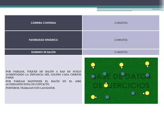 CARRERA CONTINUA

2 MINUTOS

FLEXIBILIDAD DINÁMICA

2 MINUTOS

DOMINIO DE BALÓN

5 MINUTOS

POR PAREJAS, TOQUES DE BALÓN A RAS DE SUELO
AUMENTANDO LA DISTANCIA DEL GOLPEO CADA CIERTOS
PASES.
POR PAREJAS MANTENER EL BALÓN EN EL AIRE
ALTERNANDO ZONA DE CONTACTO.
PORTEROS, TRABAJAN CON LAS MANOS.

 