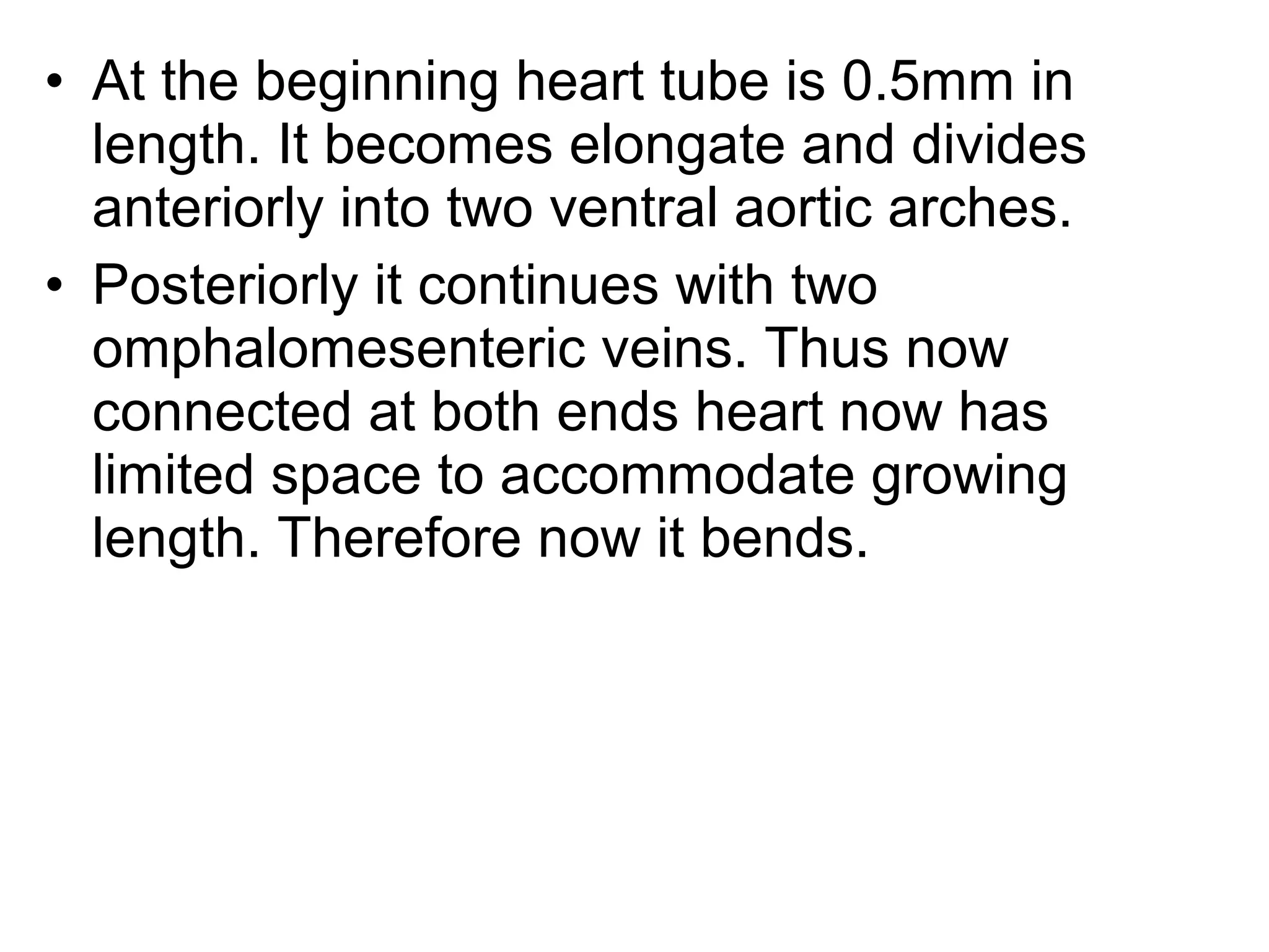 • At the beginning heart tube is 0.5mm in
length. It becomes elongate and divides
anteriorly into two ventral aortic arches.
• Posteriorly it continues with two
omphalomesenteric veins. Thus now
connected at both ends heart now has
limited space to accommodate growing
length. Therefore now it bends.
 
