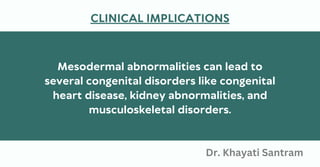 Mesodermal abnormalities can lead to
several congenital disorders like congenital
heart disease, kidney abnormalities, and
musculoskeletal disorders.
CLINICAL IMPLICATIONS
Dr. Khayati Santram
 