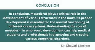 In conclusion, mesoderm plays a critical role in the
development of various structures in the body. Its proper
development is essential for the normal functioning of
different organ systems. Understanding the role of
mesoderm in embryonic development can help medical
students and professionals in diagnosing and treating
various congenital disorders.
CONCLUSION
Dr. Khayati Santram
 
