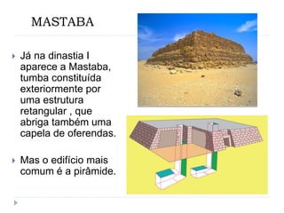 MASTABA
 Já na dinastia I
aparece a Mastaba,
tumba constituída
exteriormente por
uma estrutura
retangular , que
abriga também uma
capela de oferendas.
 Mas o edifício mais
comum é a pirâmide.
 