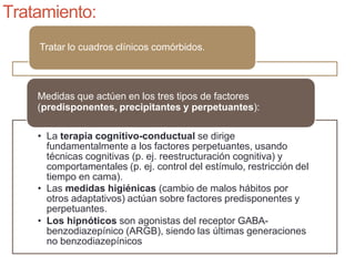 Tratamiento:
Tratar lo cuadros clínicos comórbidos.
• La terapia cognitivo-conductual se dirige
fundamentalmente a los factores perpetuantes, usando
técnicas cognitivas (p. ej. reestructuración cognitiva) y
comportamentales (p. ej. control del estímulo, restricción del
tiempo en cama).
• Las medidas higiénicas (cambio de malos hábitos por
otros adaptativos) actúan sobre factores predisponentes y
perpetuantes.
• Los hipnóticos son agonistas del receptor GABA-
benzodiazepínico (ARGB), siendo las últimas generaciones
no benzodiazepínicos
Medidas que actúen en los tres tipos de factores
(predisponentes, precipitantes y perpetuantes):
 